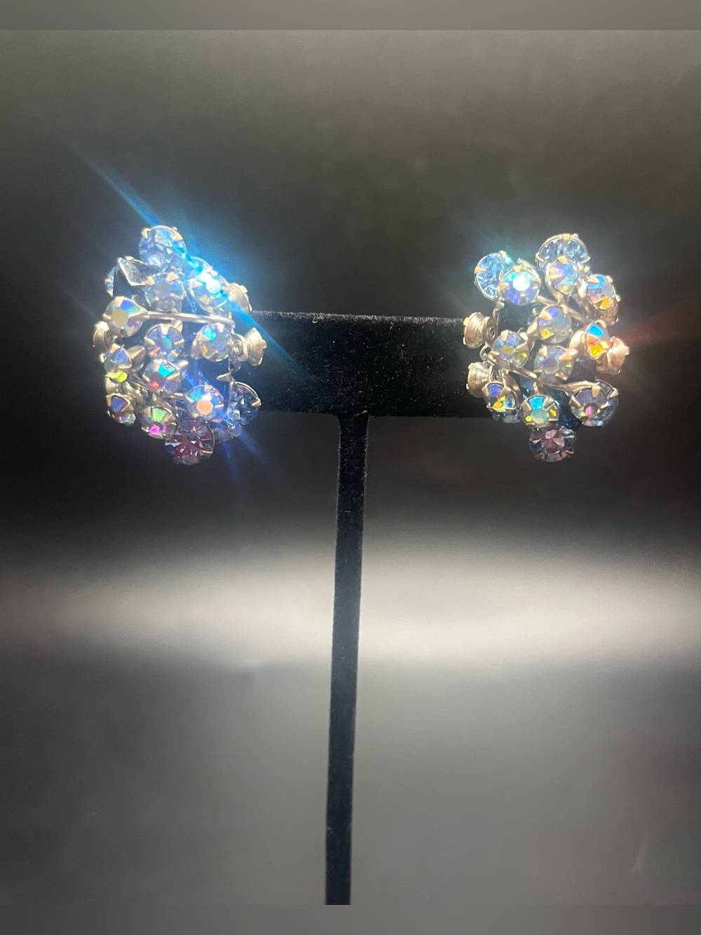 Vintage 1960s AB Rhinestone Clip On Earrings Navy Blue Cluster